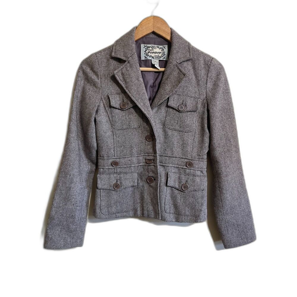 Forever 21 Y2K wool blend blazer jacket brown cream S dark academia country